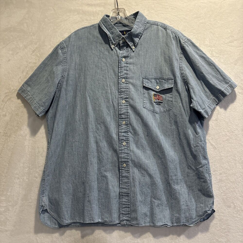Ralph Lauren Blue Chambray Denim Men's XXL USA Flag Logo Button Up Shirt July 4